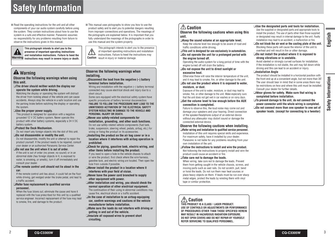 Panasonic CQ-C3305W operating instructions Safety Information, Observe the following cautions when using this unit 