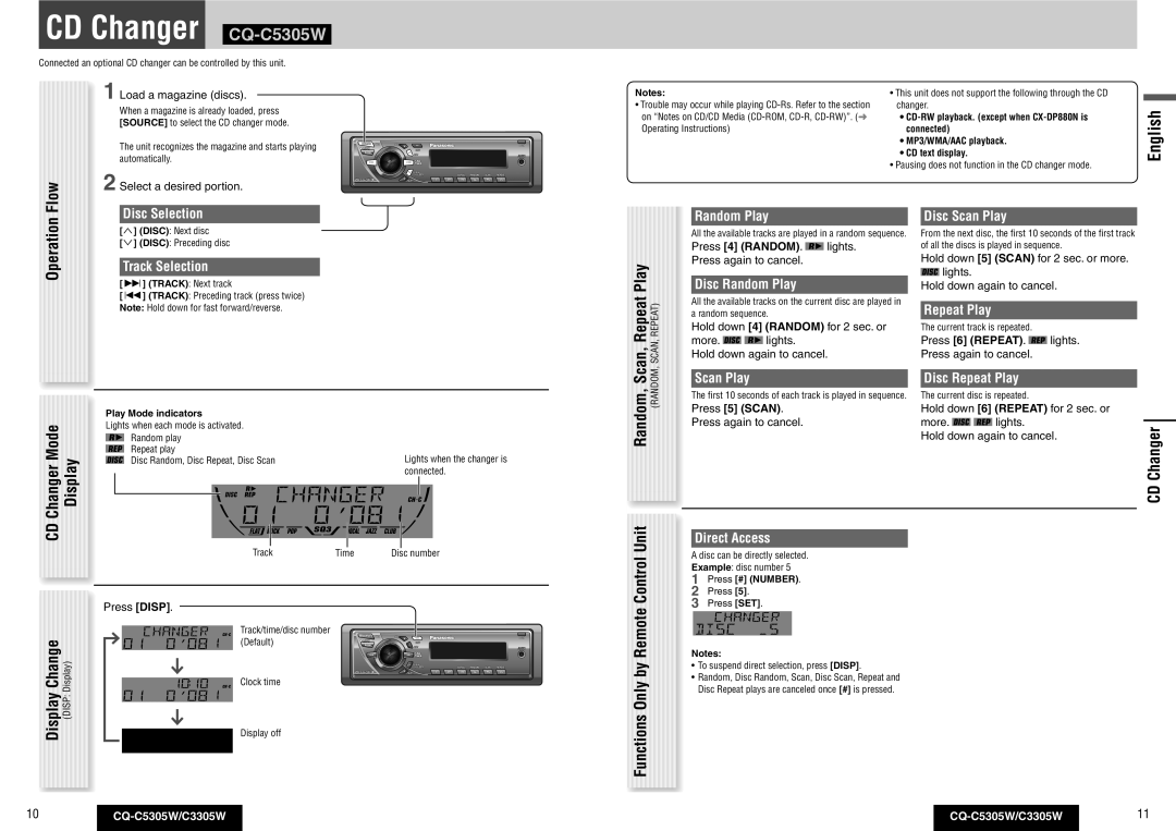 Panasonic CQ-C3305W operating instructions CD Changer \CQ-C5305W, Play, Remote 