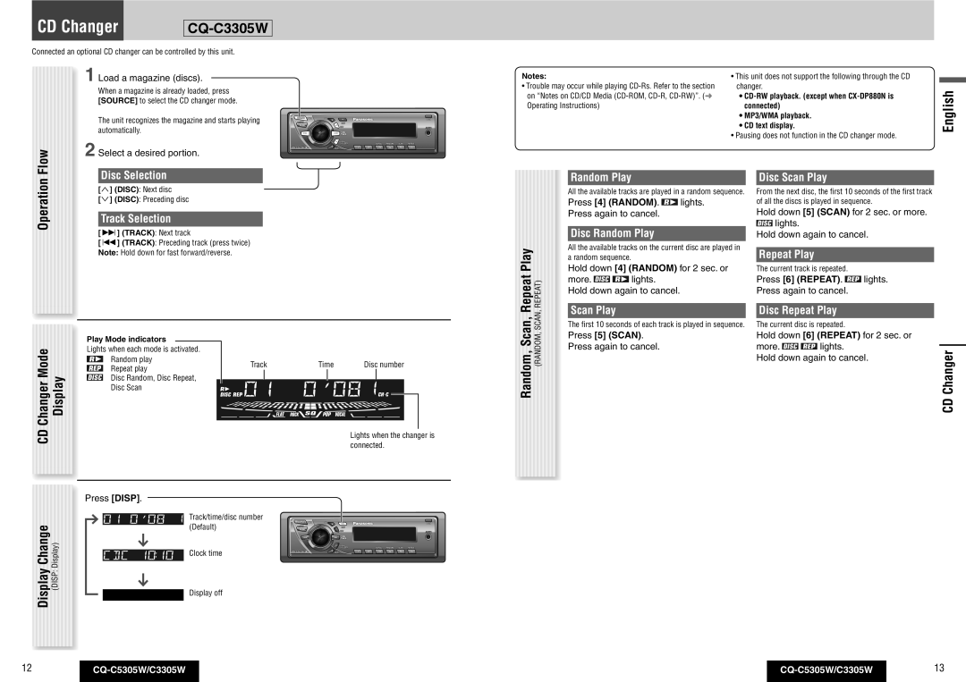 Panasonic CQ-C3305W operating instructions CD Changer, Operation, Changer Mode, Load a magazine discs 