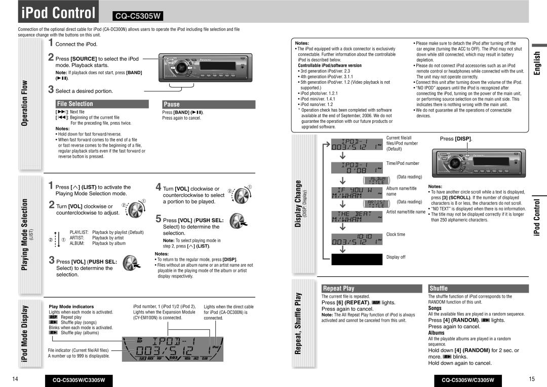 Panasonic CQ-C3305W operating instructions IPod Control \CQ-C5305W, ControliPod, File Selection Pause, Repeat Play Shufﬂe 