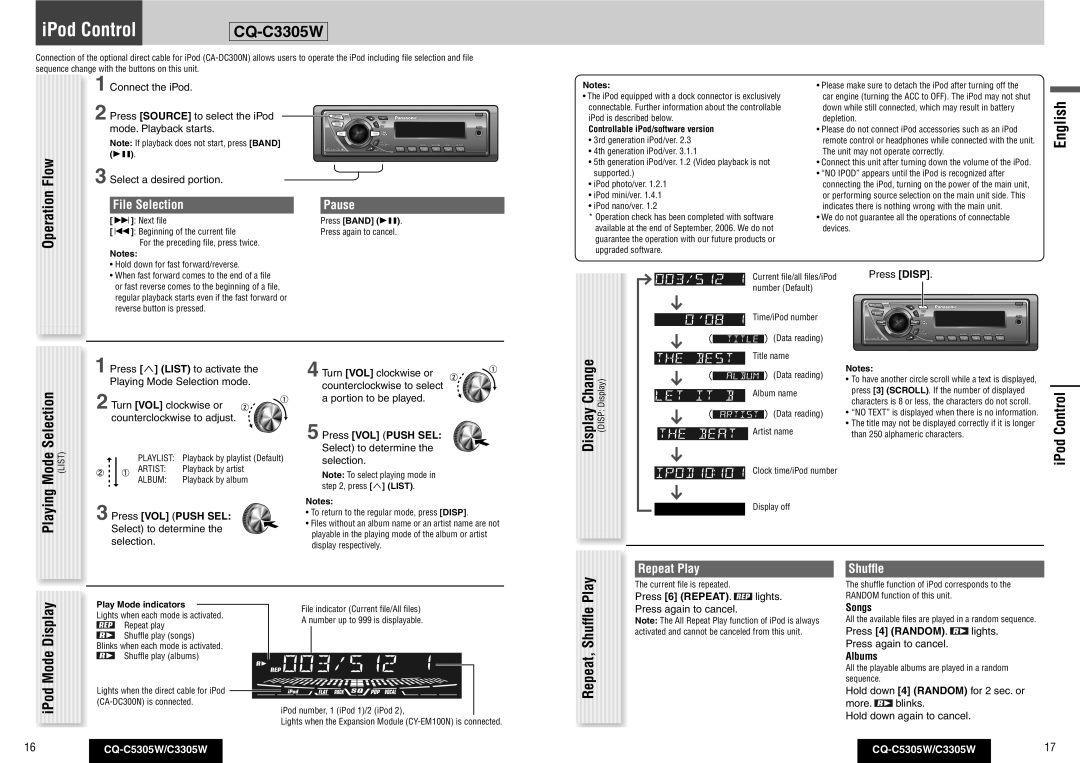 Panasonic CQ-C3305W operating instructions IPod Control, Mode List, DisplayChange DISPDisplay 