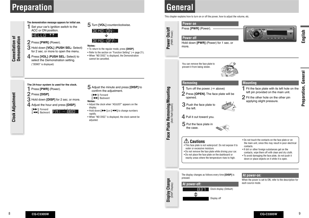 Panasonic CQ-C3305W operating instructions Preparation General, Cancellation Demonstration, Clock Adjustment 