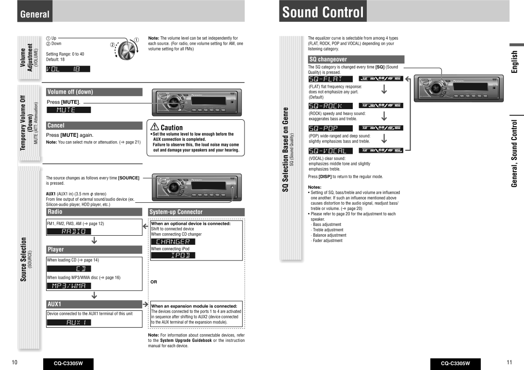Panasonic CQ-C3305W operating instructions General, Sound Control 