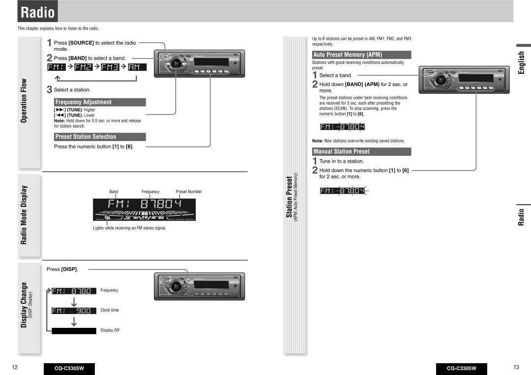 Panasonic CQ-C3305W operating instructions Radio, Flow, Station Preset 