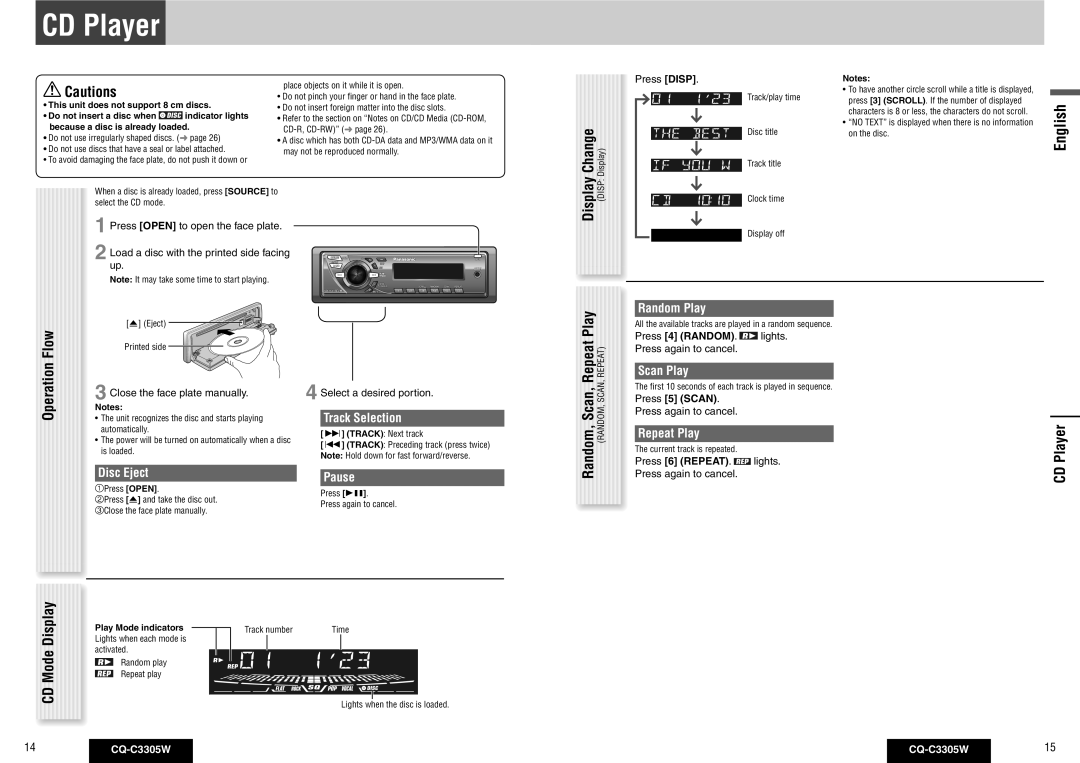 Panasonic CQ-C3305W operating instructions CD Player, Change, Display, Random, Scan, Repeat Play 