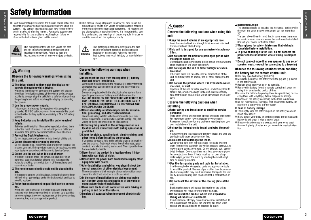 Panasonic CQ-C3401 operating instructions Safety Information, Observe the following cautions when using this unit 