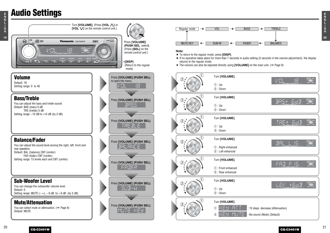 Panasonic CQ-C3401 operating instructions Audio Settings, Bass/Treble, Balance/Fader, Sub-Woofer Level, Disp 