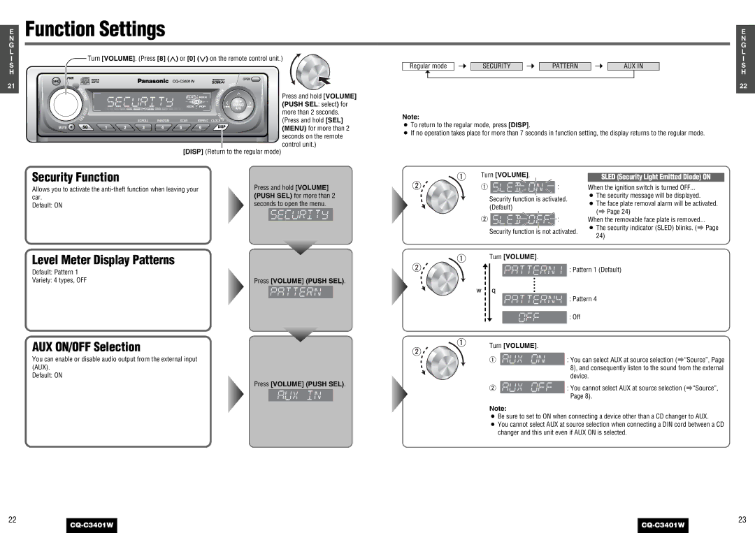 Panasonic CQ-C3401 Security Function, Level Meter Display Patterns, AUX ON/OFF Selection, Push SEL select for 