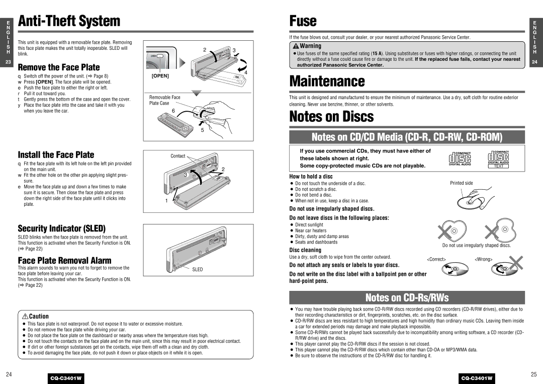 Panasonic CQ-C3401 operating instructions Anti-Theft System, Fuse, Maintenance 