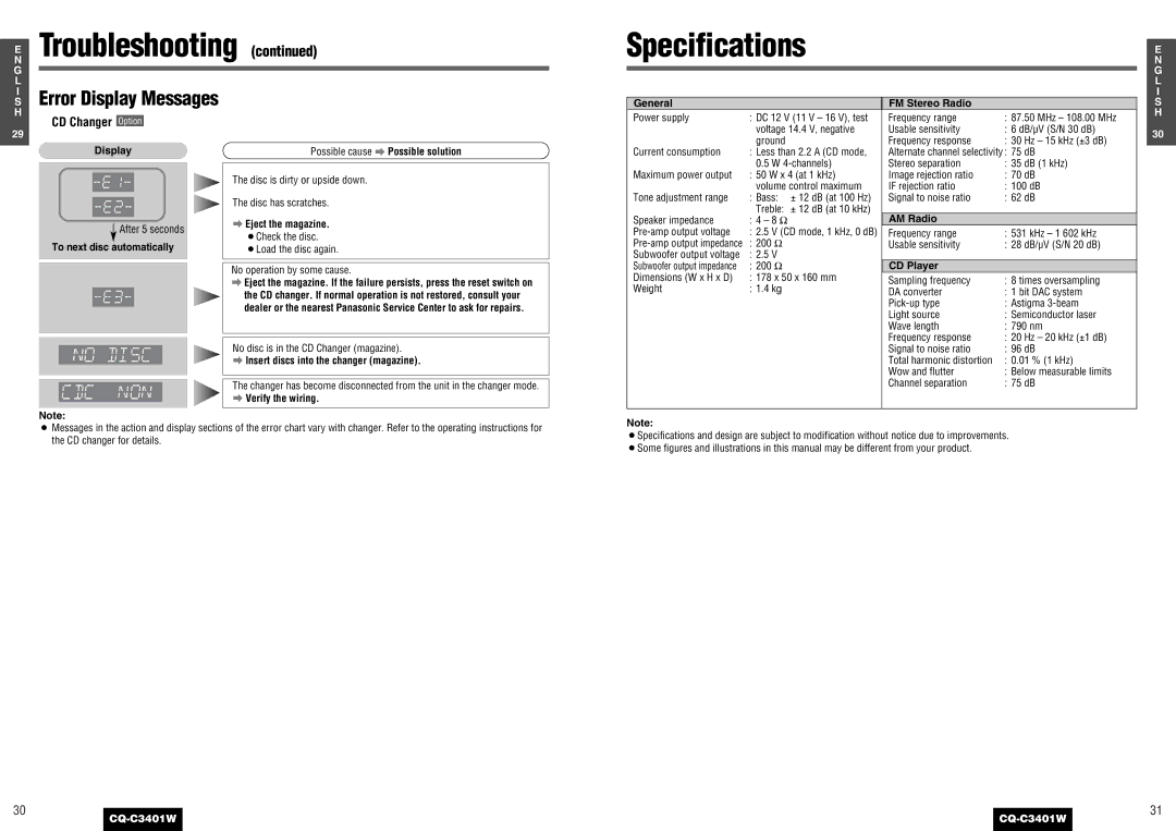 Panasonic CQ-C3401 Specifications, Eject the magazine, Insert discs into the changer magazine, AM Radio 