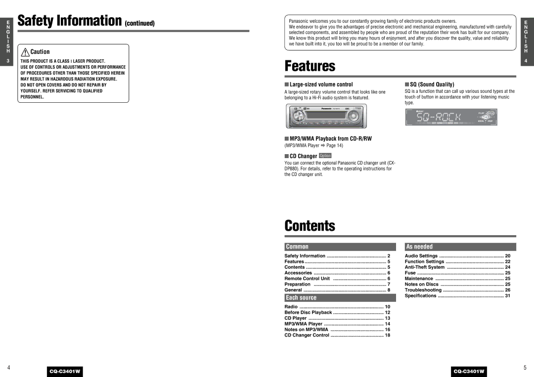 Panasonic CQ-C3401 operating instructions NE Safety Information, Features, Contents 