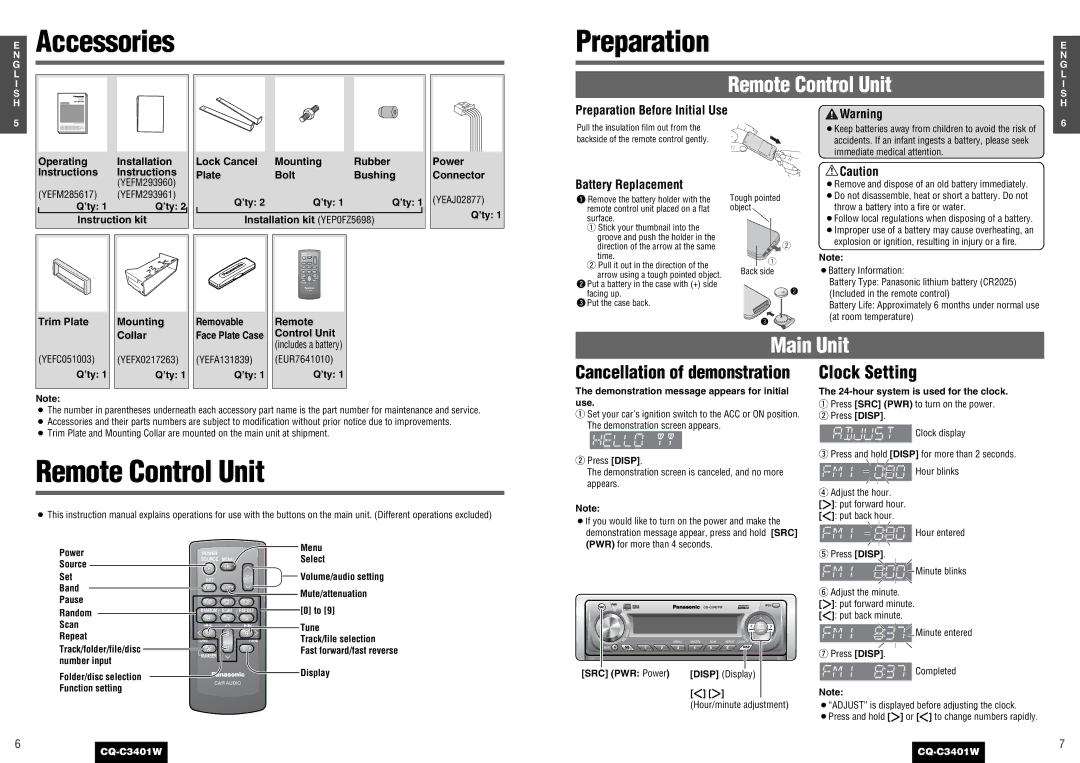 Panasonic CQ-C3401 operating instructions NE Accessories, Remote Control Unit, Clock Setting 