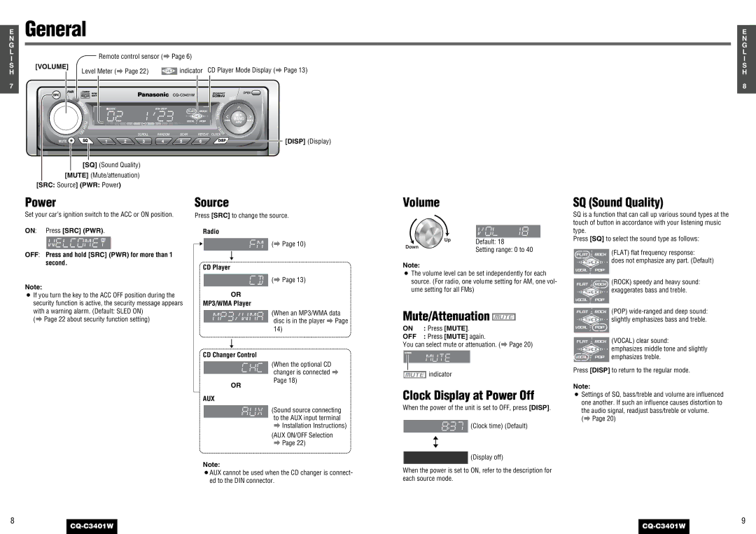 Panasonic CQ-C3401 Source, Volume, Mute/Attenuation, Clock Display at Power Off, SQ Sound Quality 