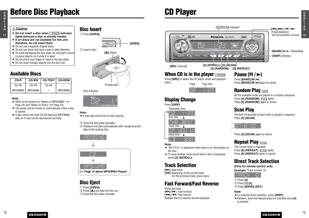 Panasonic CQ-C3401 Available Discs, Pause y, Random Play, Scan Play, Repeat Play, Disc Eject, Track Selection 