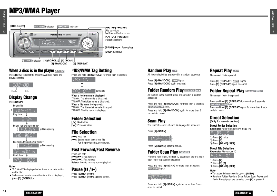 Panasonic CQ-C3401 ID3/WMA Tag Setting, Folder Selection, File Selection, Folder Random Play, Folder Scan Play 