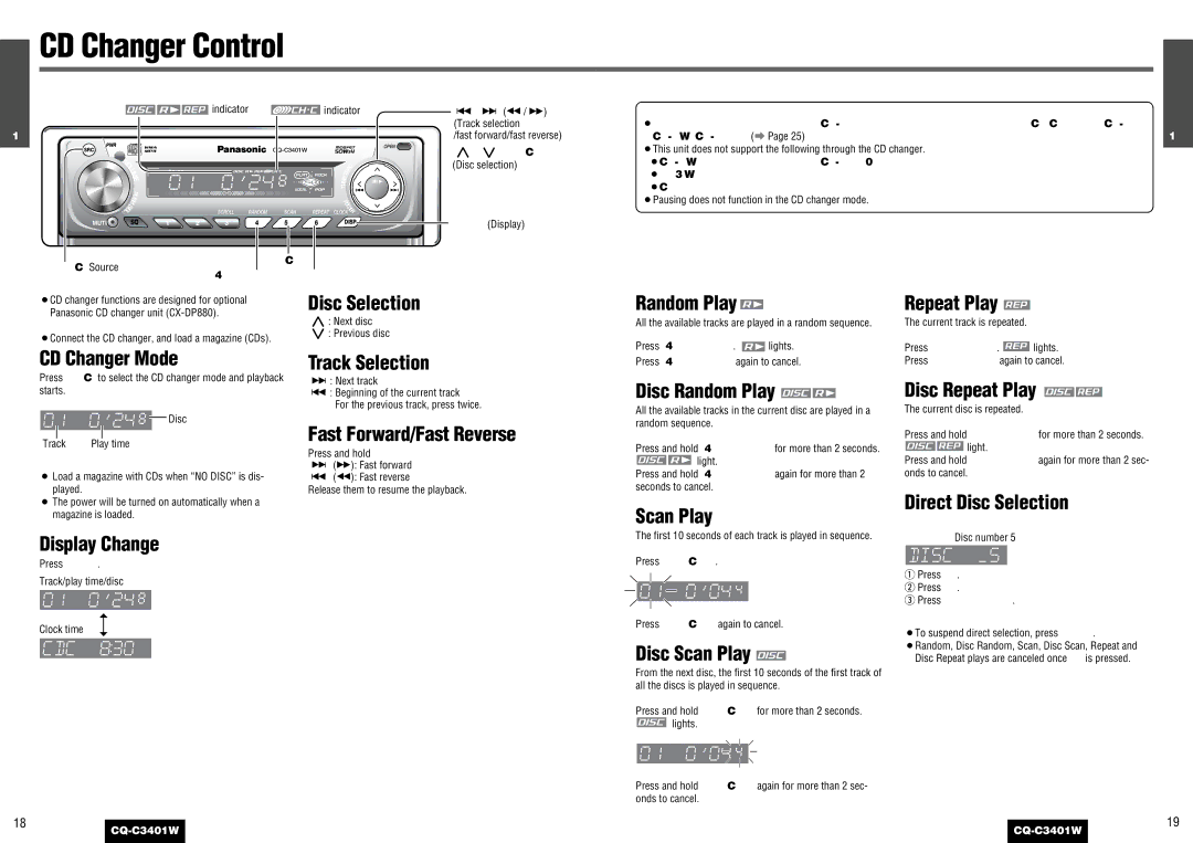 Panasonic CQ-C3401 CD Changer Mode, Disc Selection, Disc Random Play, Disc Scan Play, Disc Repeat Play 