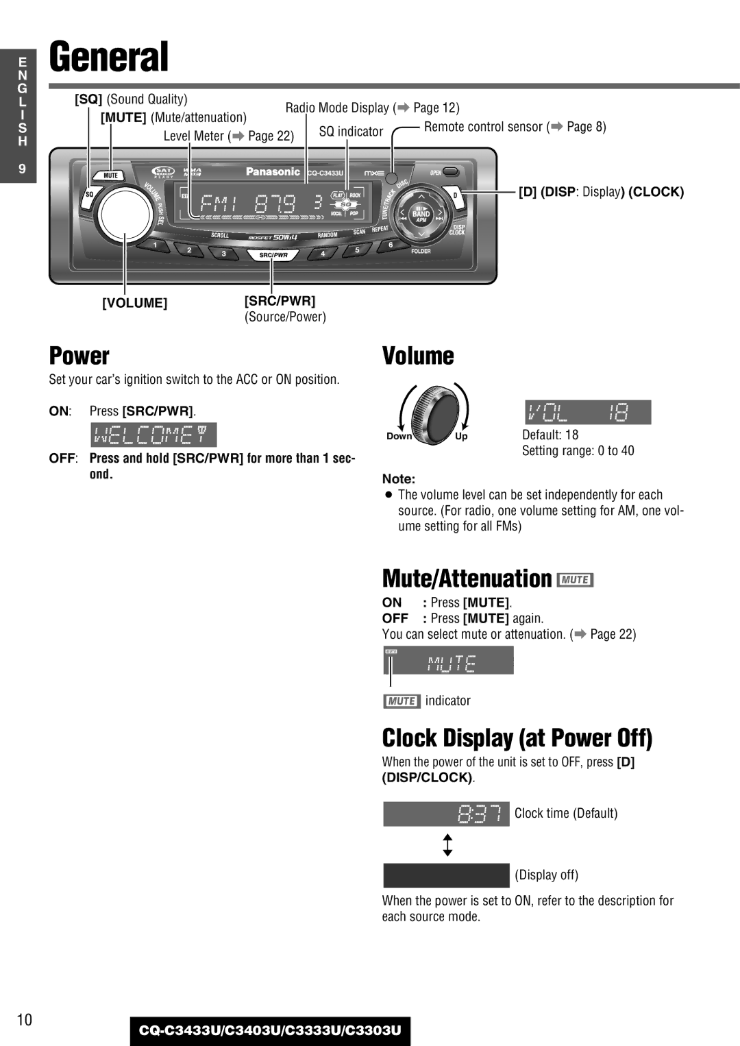 Panasonic C3333U, CQ-C3433U, C3403U, C3303U warranty General, Power Volume, Mute/Attenuation, Clock Display at Power Off 