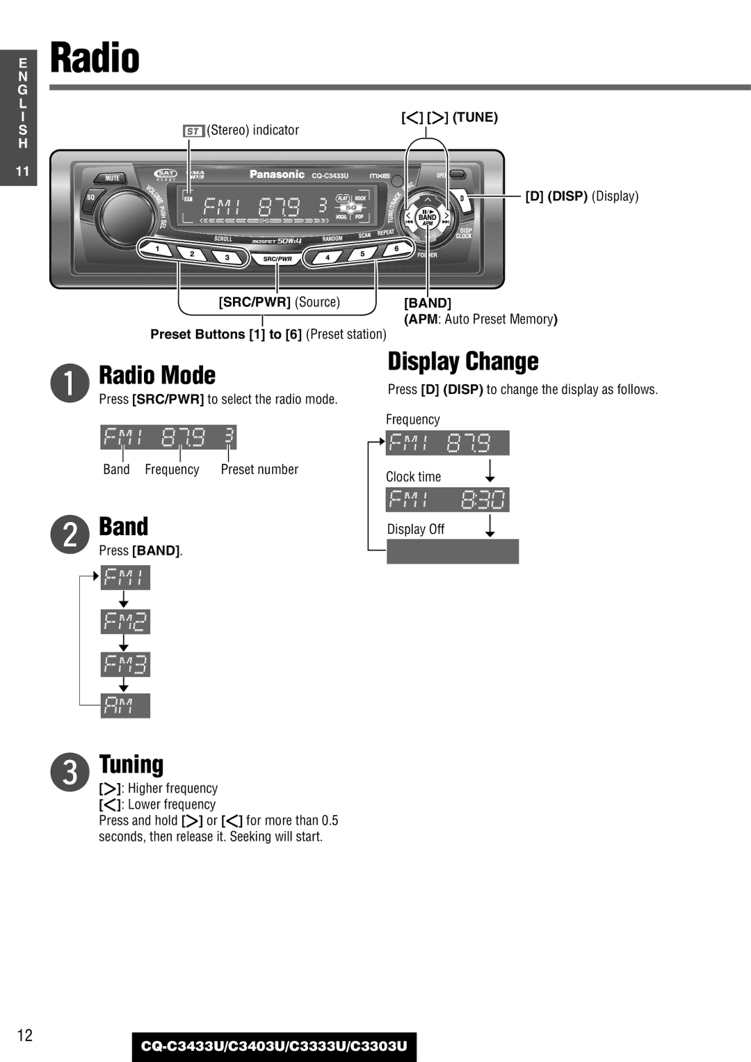 Panasonic CQ-C3433U, C3403U, C3333U, C3303U Radio Mode, Display Change, SRC/PWR Source, Preset Buttons 1 to 6 Preset station 