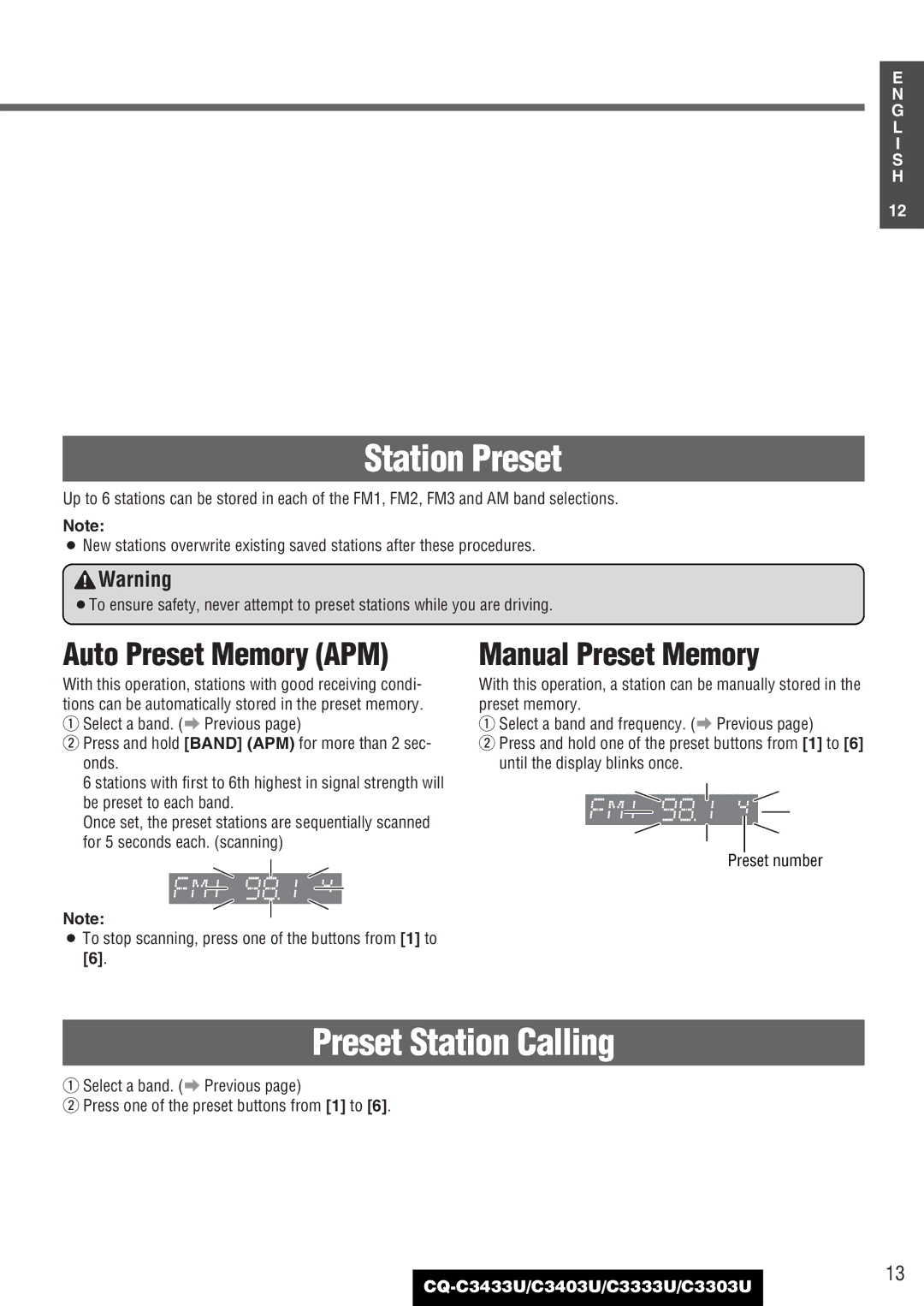 Panasonic C3403U, CQ-C3433U, C3333U, C3303U warranty Auto Preset Memory APM, Manual Preset Memory 