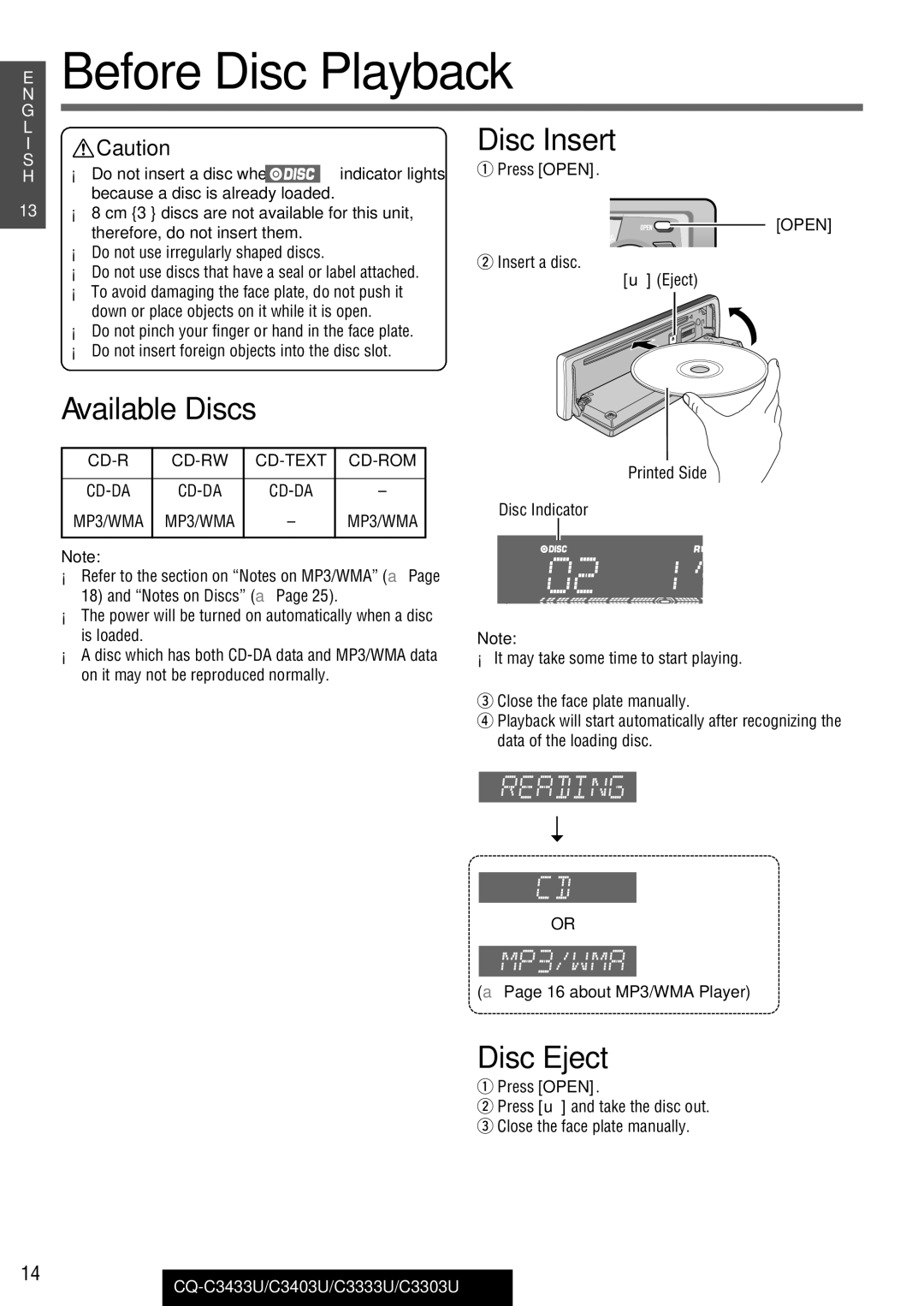 Panasonic C3333U, CQ-C3433U, C3403U Before Disc Playback, Disc Insert, Available Discs, Disc Eject, about MP3/WMA Player 