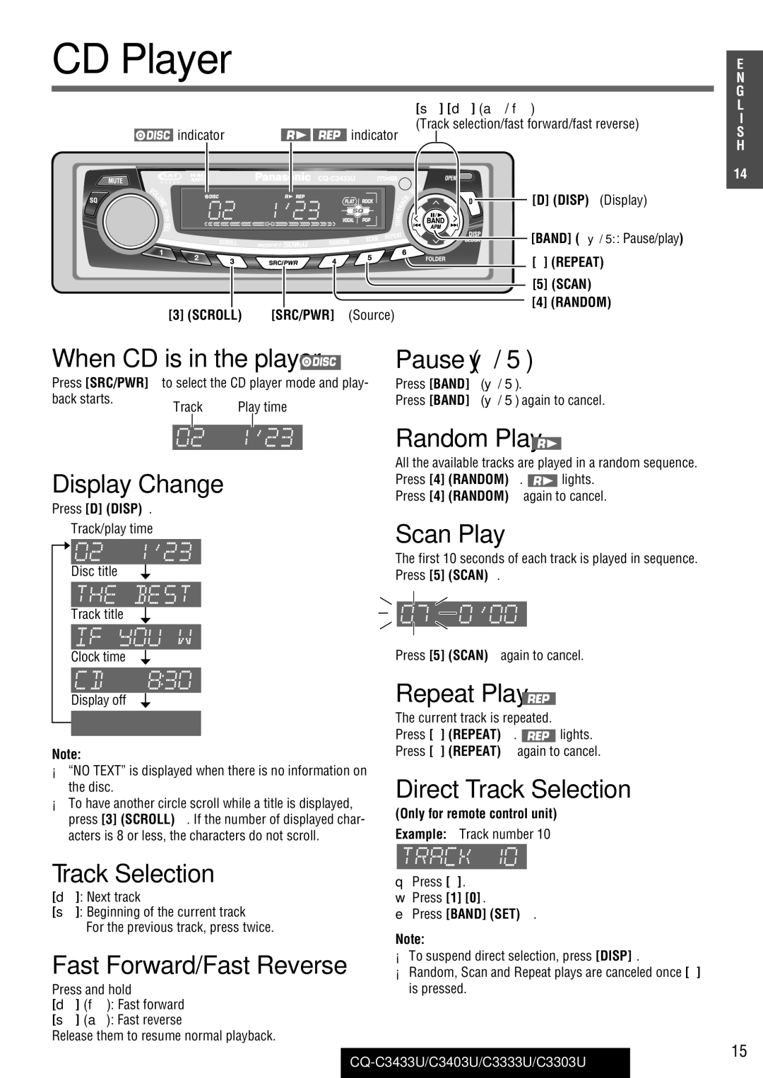 Panasonic C3303U, CQ-C3433U, C3403U, C3333U warranty CD Player 