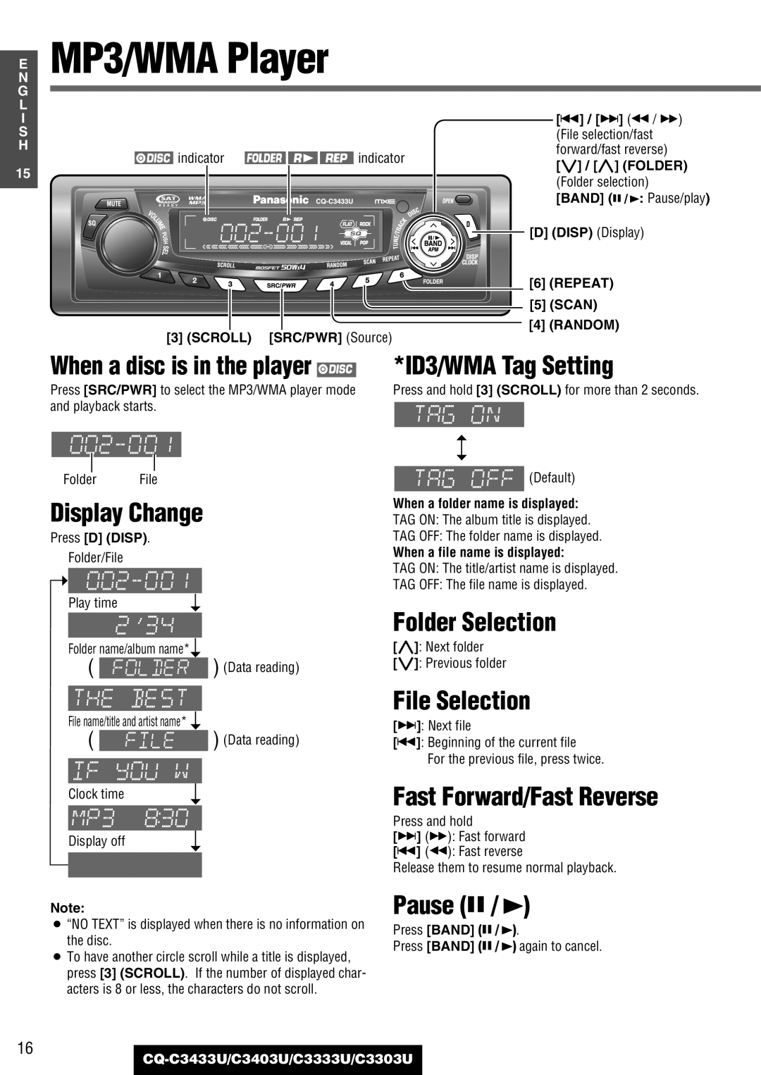 Panasonic CQ-C3433U, C3403U, C3333U, C3303U warranty MP3/WMA Player, ID3/WMA Tag Setting, Folder Selection, File Selection 