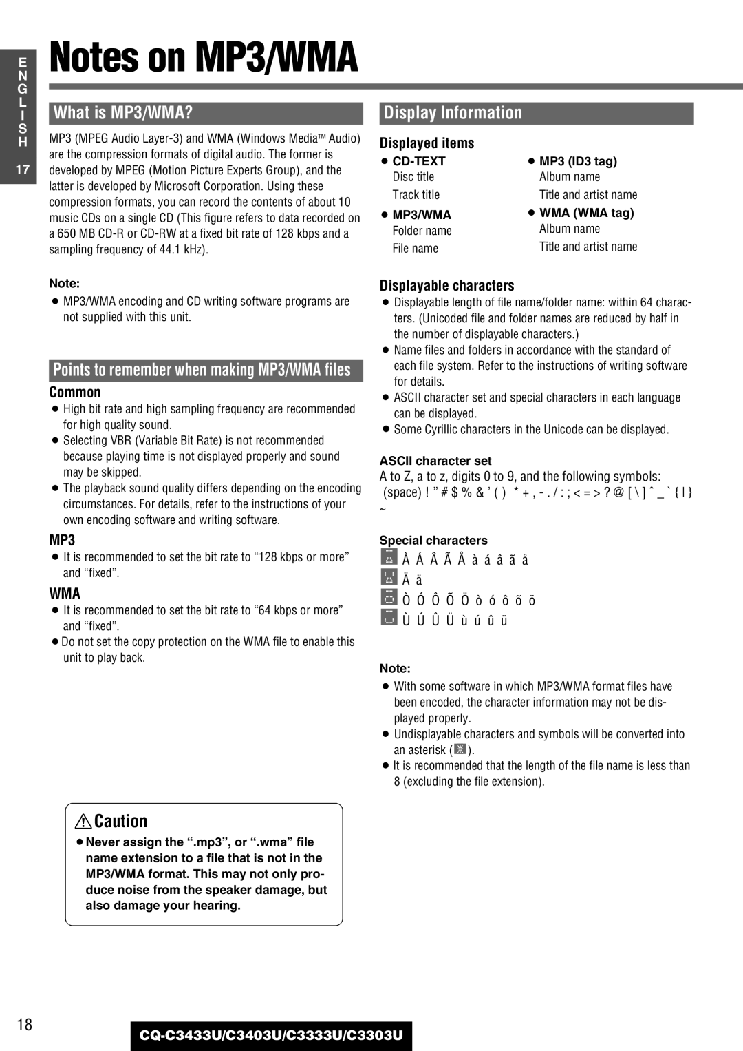 Panasonic C3333U, CQ-C3433U, C3403U, C3303U warranty Display Information, Common, Displayed items, Displayable characters 