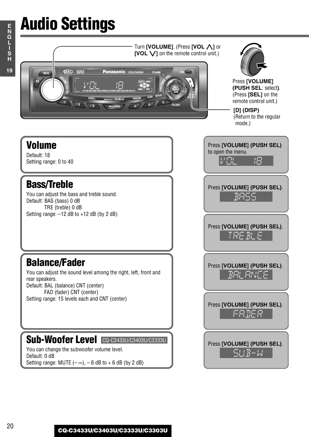 Panasonic CQ-C3433U, C3403U, C3333U, C3303U warranty Audio Settings, Bass/Treble, Balance/Fader 