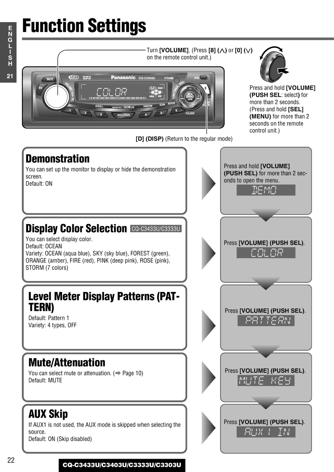 Panasonic C3403U, C3303U warranty Function Settings, Demonstration, Display Color Selection CQ-C3433U/C3333U, AUX Skip 