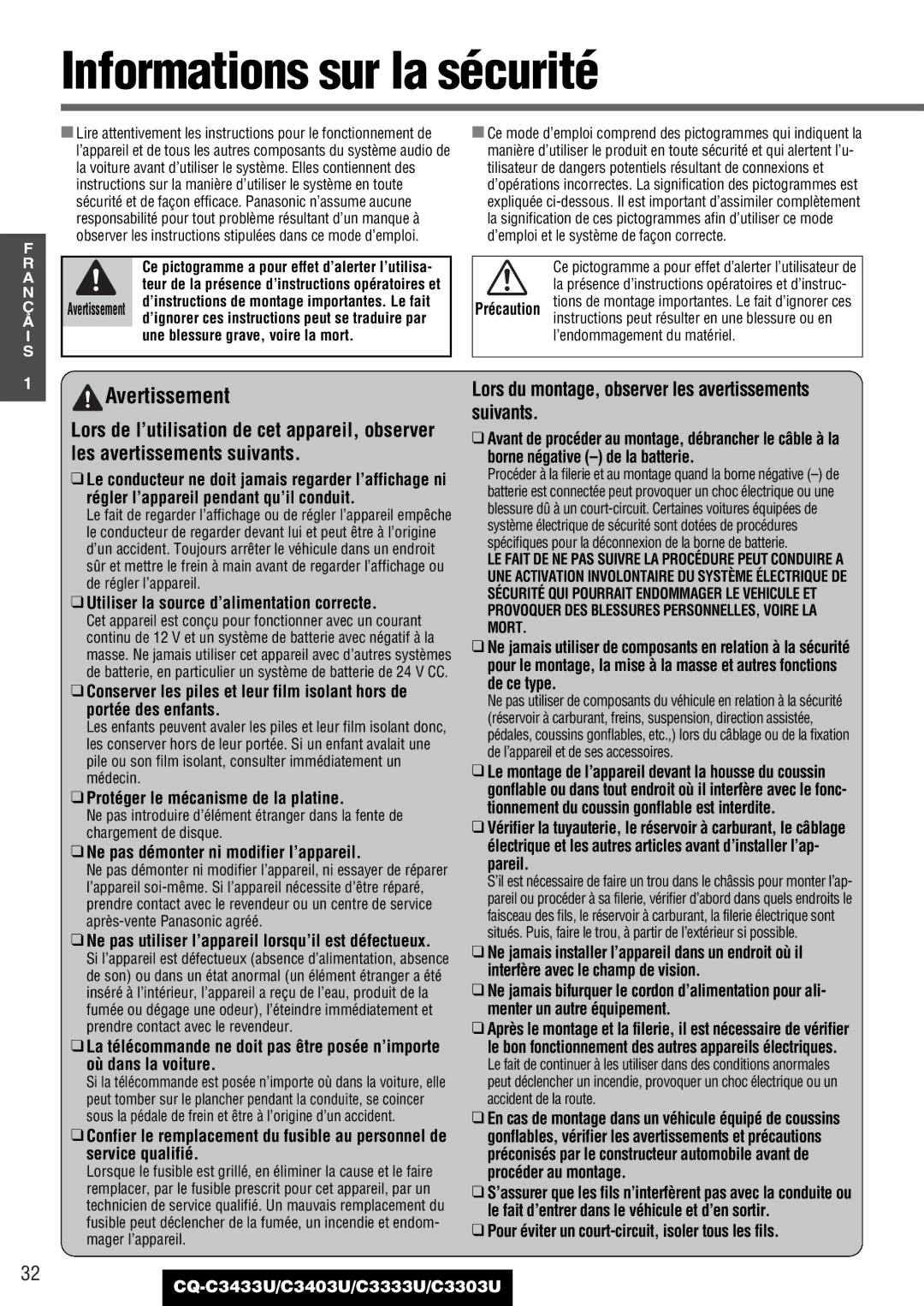 Panasonic CQ-C3433U, C3403U, C3333U Informations sur la sécurité, Lors du montage, observer les avertissements suivants 