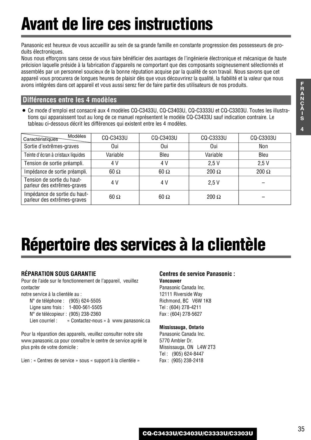 Panasonic C3303U, CQ-C3433U Avant de lire ces instructions, Différences entre les 4 modèles, Centres de service Panasonic 