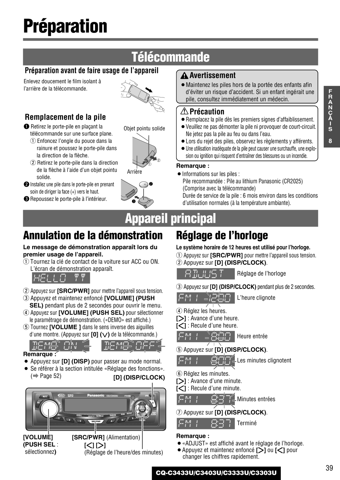 Panasonic C3303U, CQ-C3433U, C3403U, C3333U warranty Réglage de l’horloge, Préparation avant de faire usage de l’appareil 