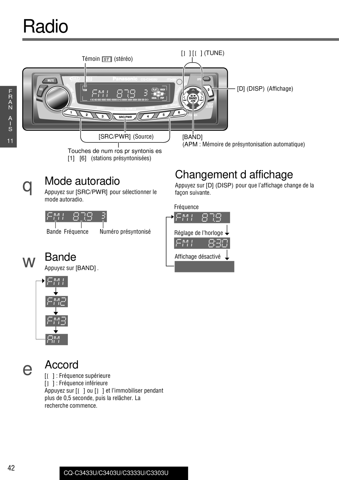 Panasonic C3333U Mode autoradio, Changement d’affichage, Touches de numéros présyntonisées, stations présyntonisées 