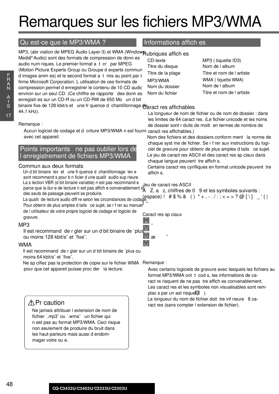 Panasonic CQ-C3433U, C3403U Qu’est-ce que le MP3/WMA ?, ’enregistrement de fichiers MP3/WMA, Commun aux deux formats 