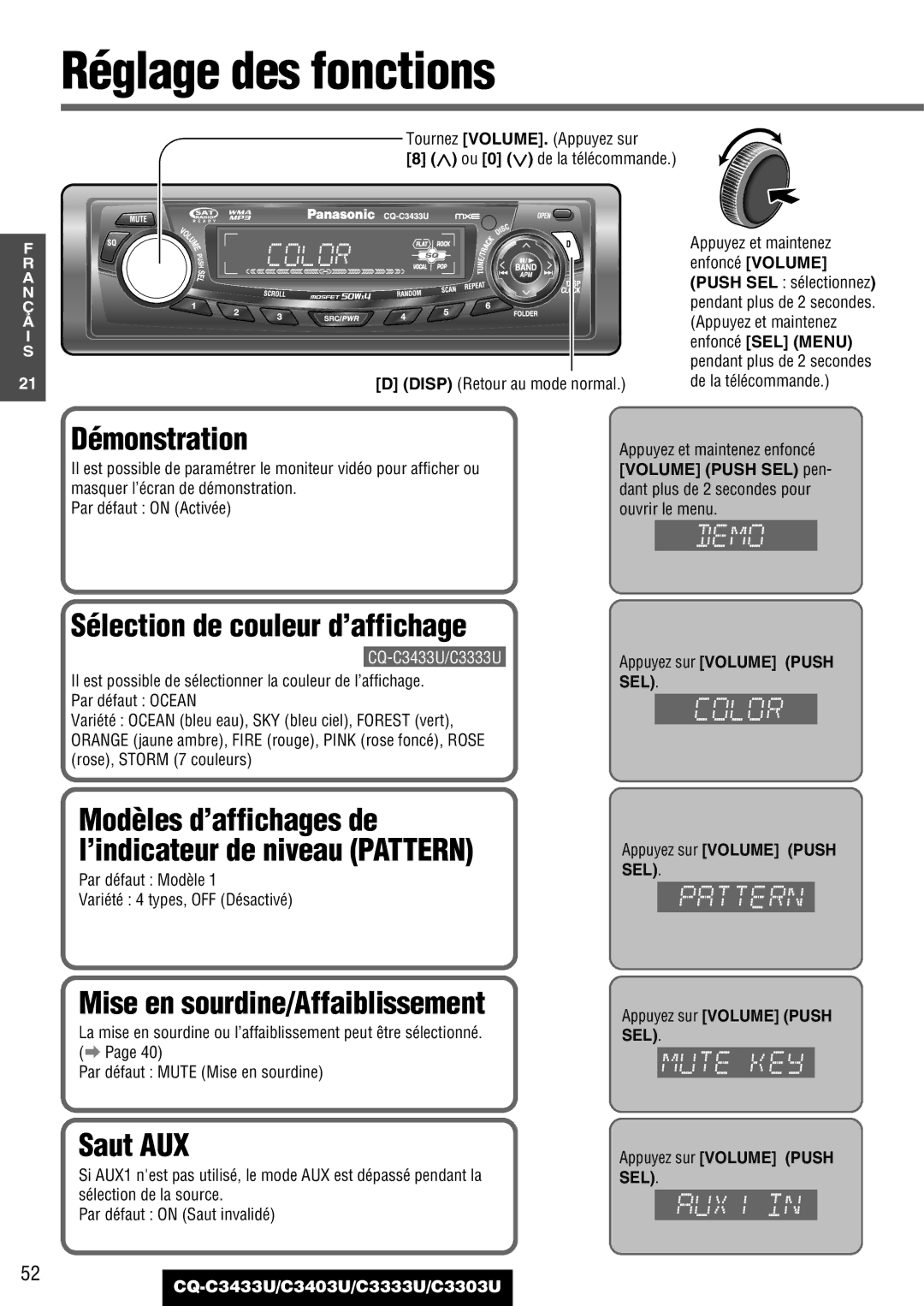 Panasonic CQ-C3433U, C3403U, C3333U, C3303U Réglage des fonctions, Démonstration, Sélection de couleur d’affichage, Saut AUX 