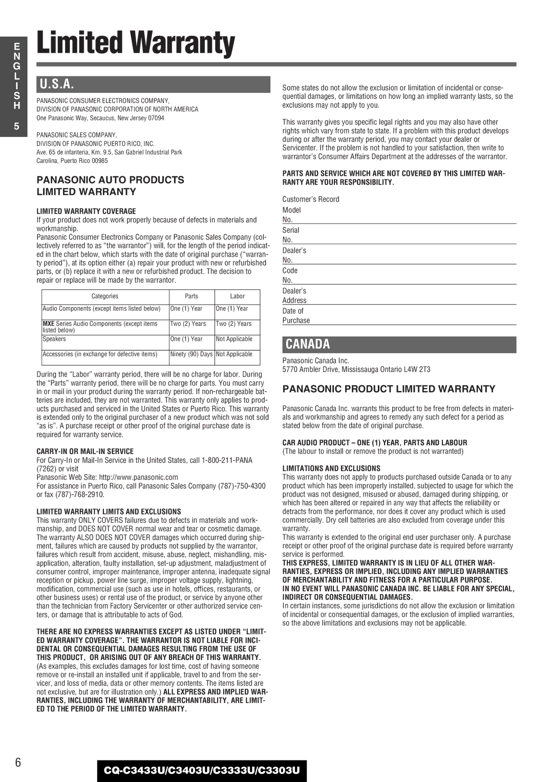 Panasonic C3333U, CQ-C3433U, C3403U, C3303U warranty Panasonic Auto Products Limited Warranty 