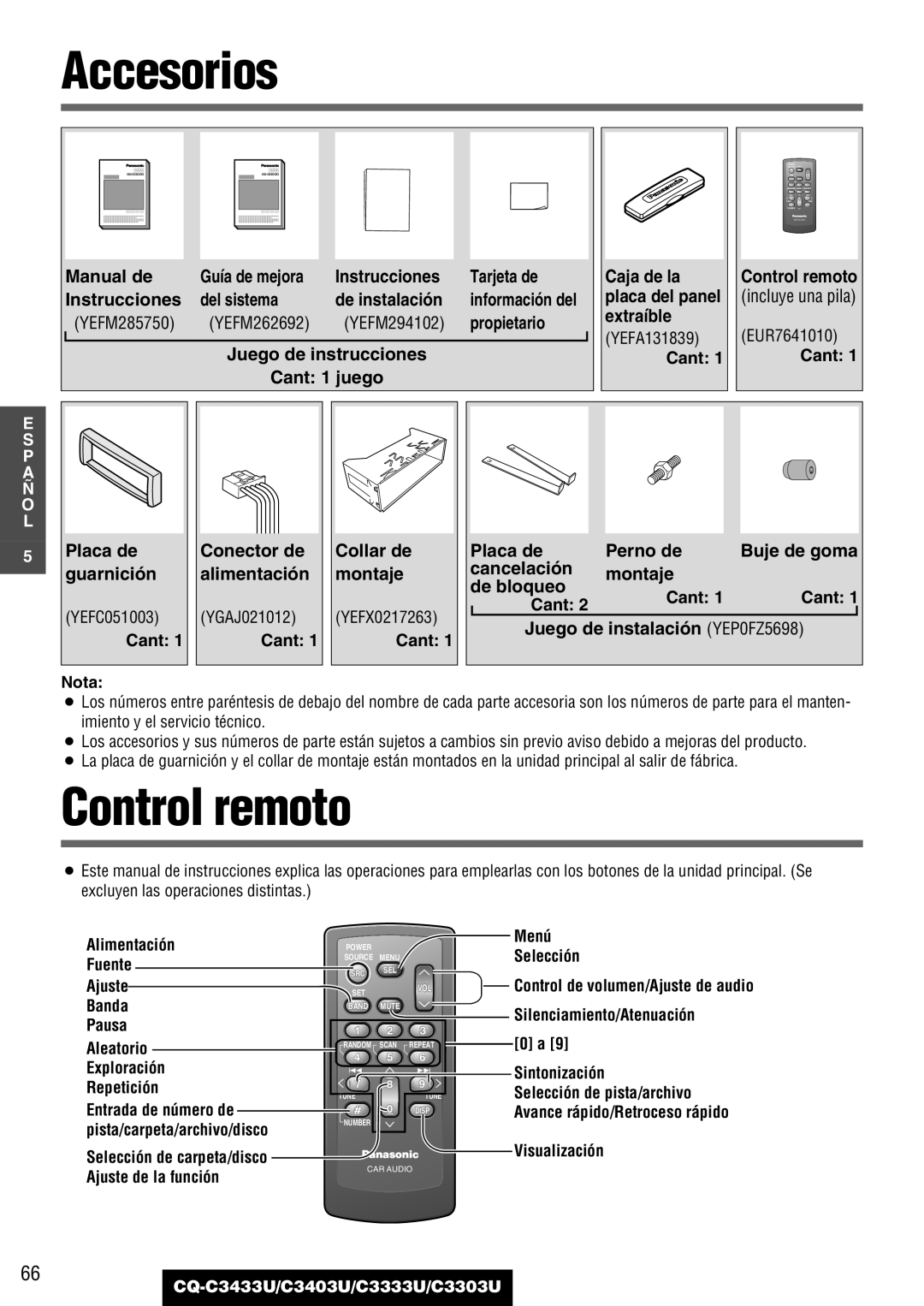 Panasonic C3333U, CQ-C3433U, C3403U, C3303U warranty Accesorios, Control remoto 