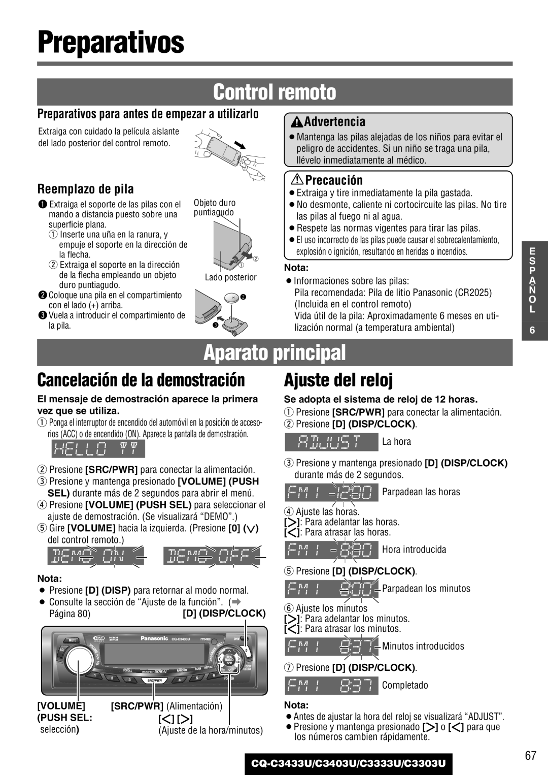 Panasonic C3303U, CQ-C3433U, C3403U, C3333U warranty Ajuste del reloj, Preparativos para antes de empezar a utilizarlo 