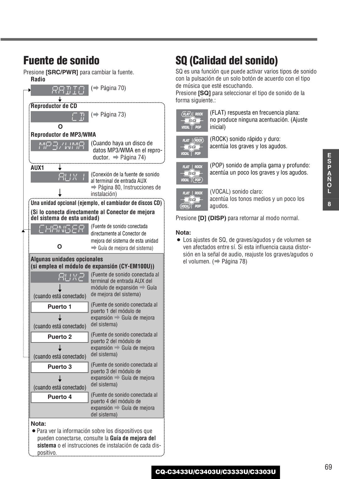 Panasonic C3403U, CQ-C3433U, C3333U, C3303U warranty Fuente de sonido, SQ Calidad del sonido, Radio, Puerto 