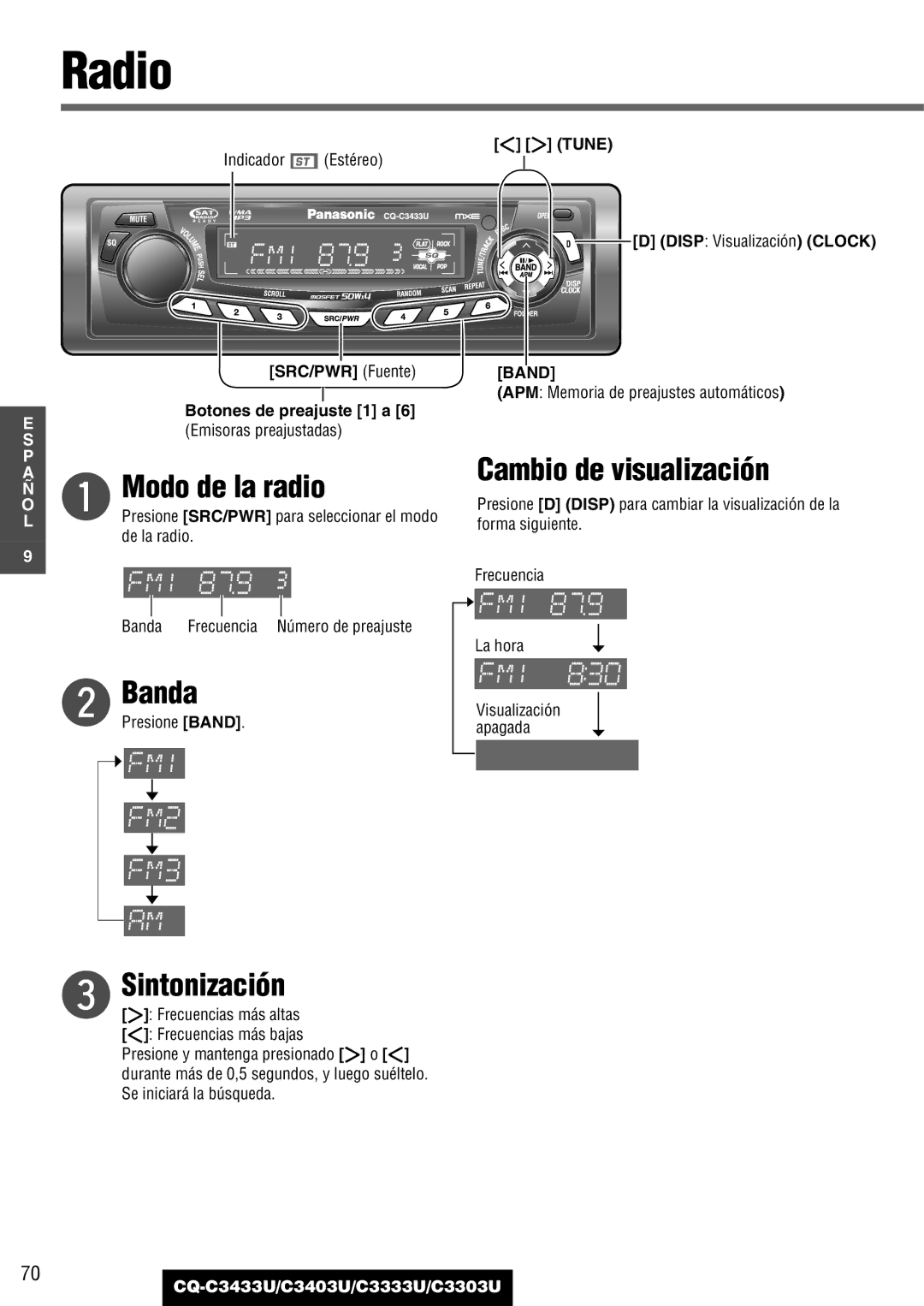 Panasonic C3333U, CQ-C3433U, C3403U, C3303U warranty Radio, Modo de la radio, Sintonización, Cambio de visualización 