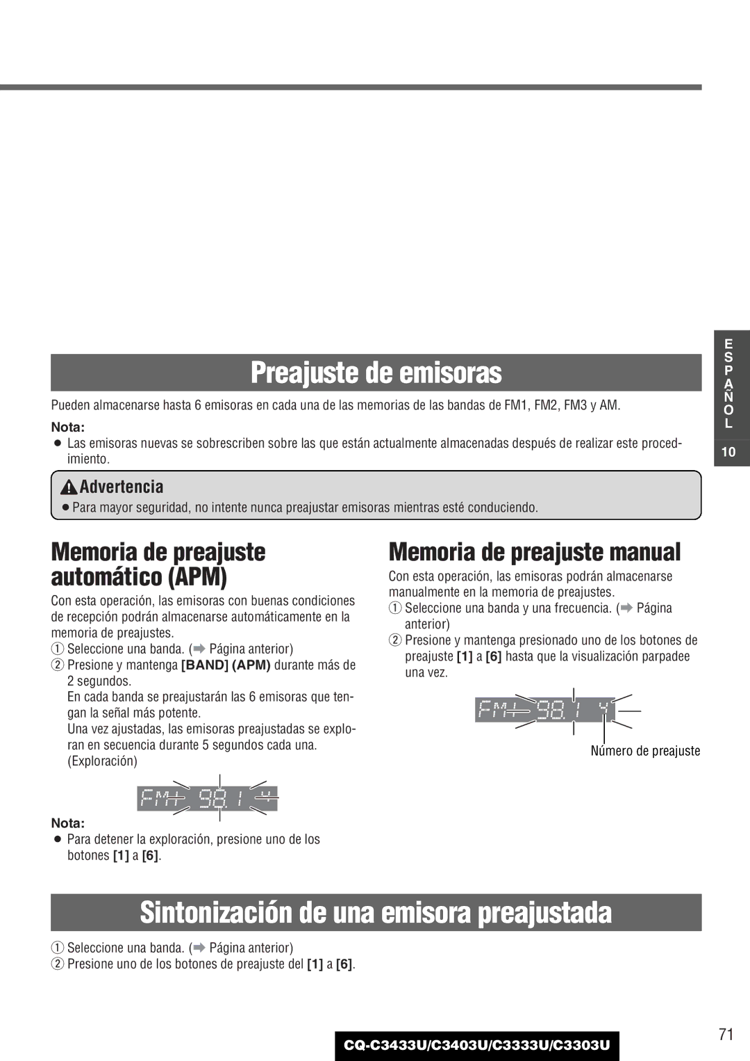 Panasonic C3303U, CQ-C3433U, C3403U, C3333U warranty Memoria de preajuste manual, Memoria de preajuste automático APM 