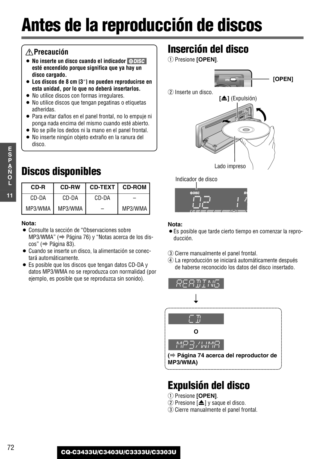 Panasonic CQ-C3433U Antes de la reproducción de discos, Discos disponibles, Inserción del disco, Expulsión del disco 