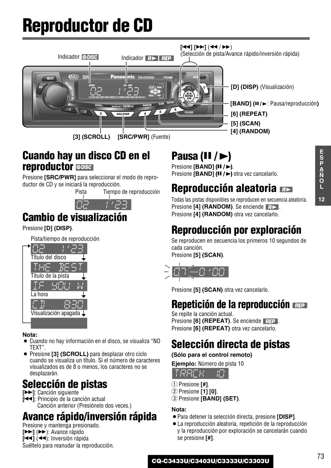 Panasonic C3403U, CQ-C3433U, C3333U, C3303U warranty Reproductor de CD 