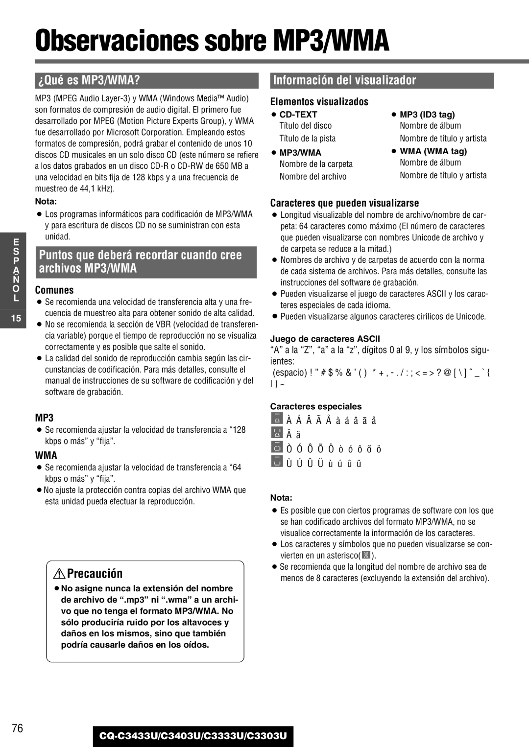 Panasonic CQ-C3433U, C3403U Observaciones sobre MP3/WMA, ¿Qué es MP3/WMA?, Archivos MP3/WMA, Información del visualizador 