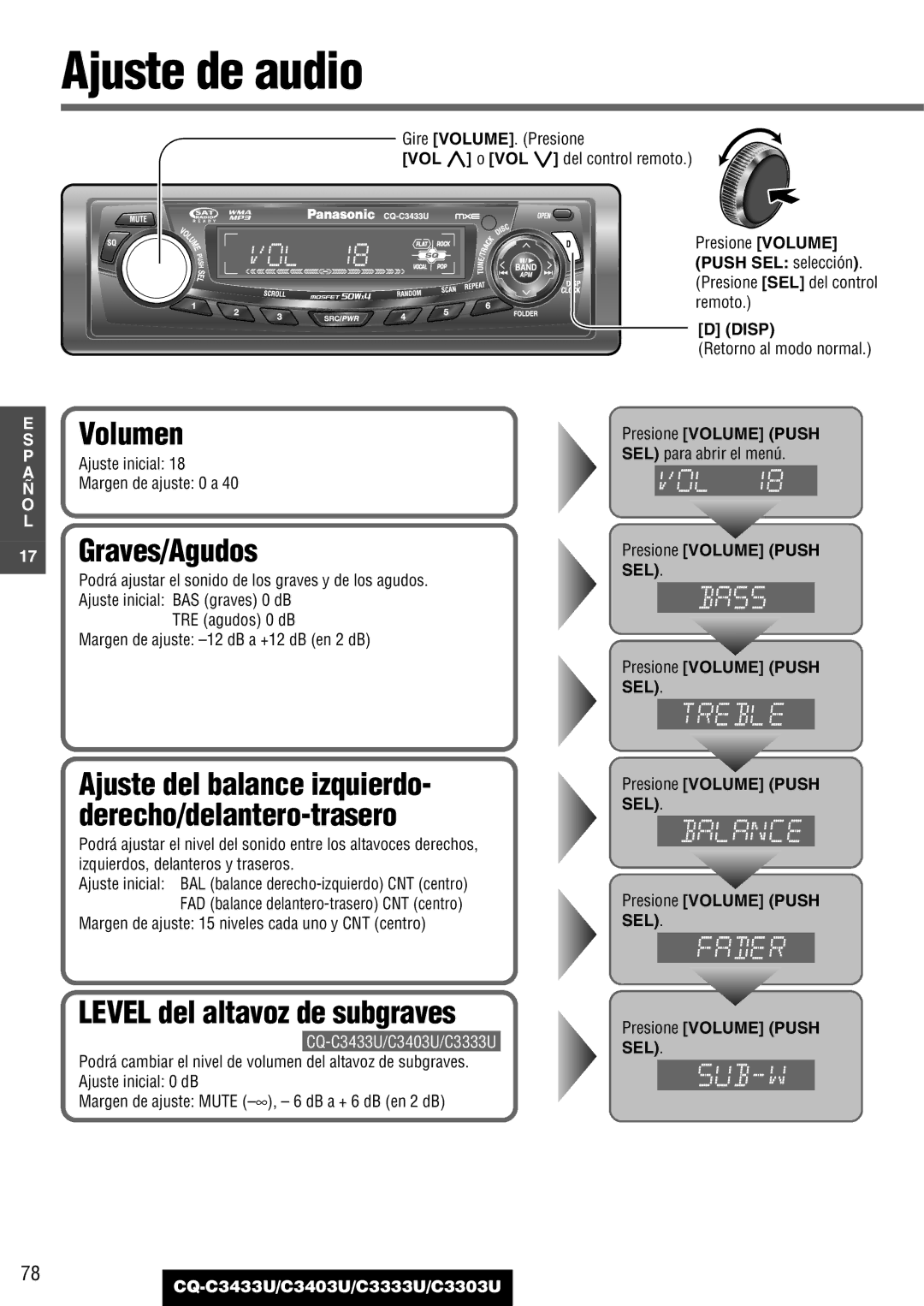 Panasonic C3333U, CQ-C3433U, C3403U, C3303U warranty Ajuste de audio, Graves/Agudos, Level del altavoz de subgraves 