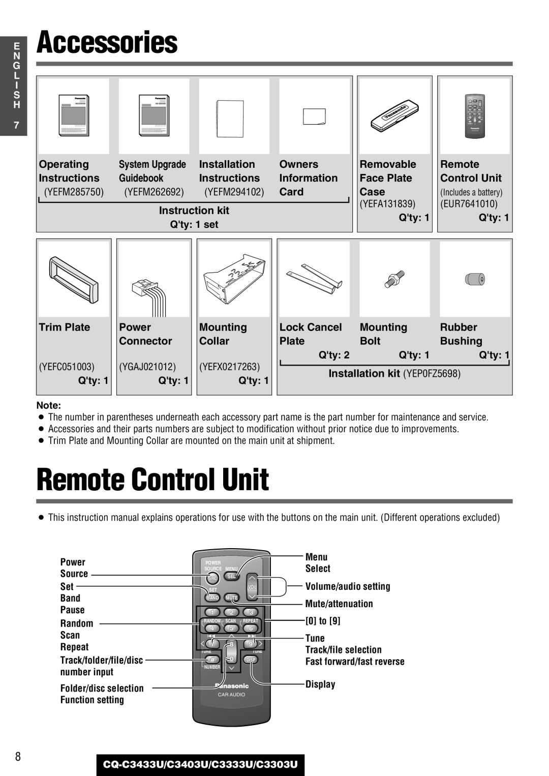 Panasonic CQ-C3433U, C3403U, C3333U, C3303U warranty Accessories, Remote Control Unit 