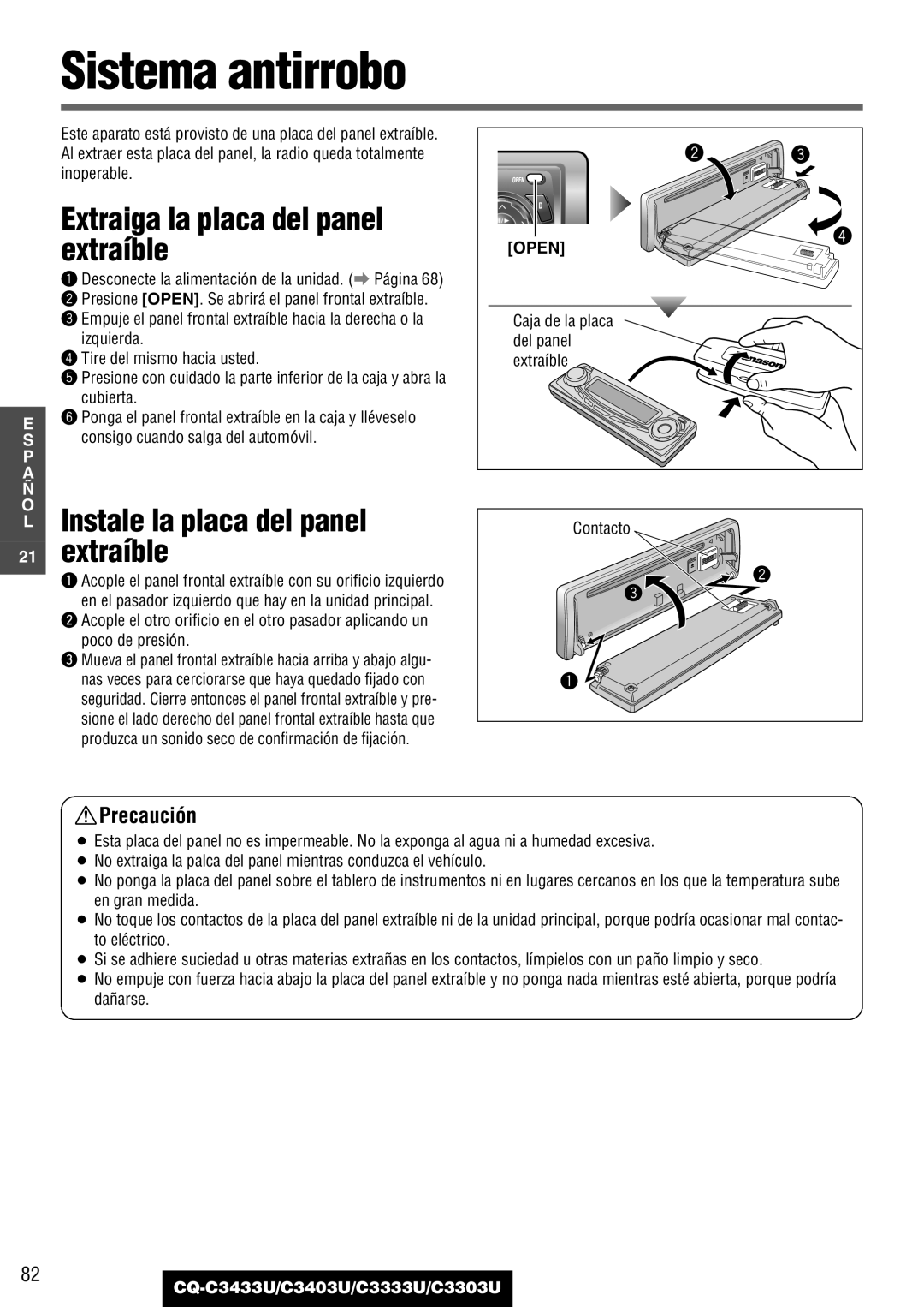 Panasonic C3333U, C3403U Sistema antirrobo, Extraiga la placa del panel extraíble, Instale la placa del panel 21 extraíble 