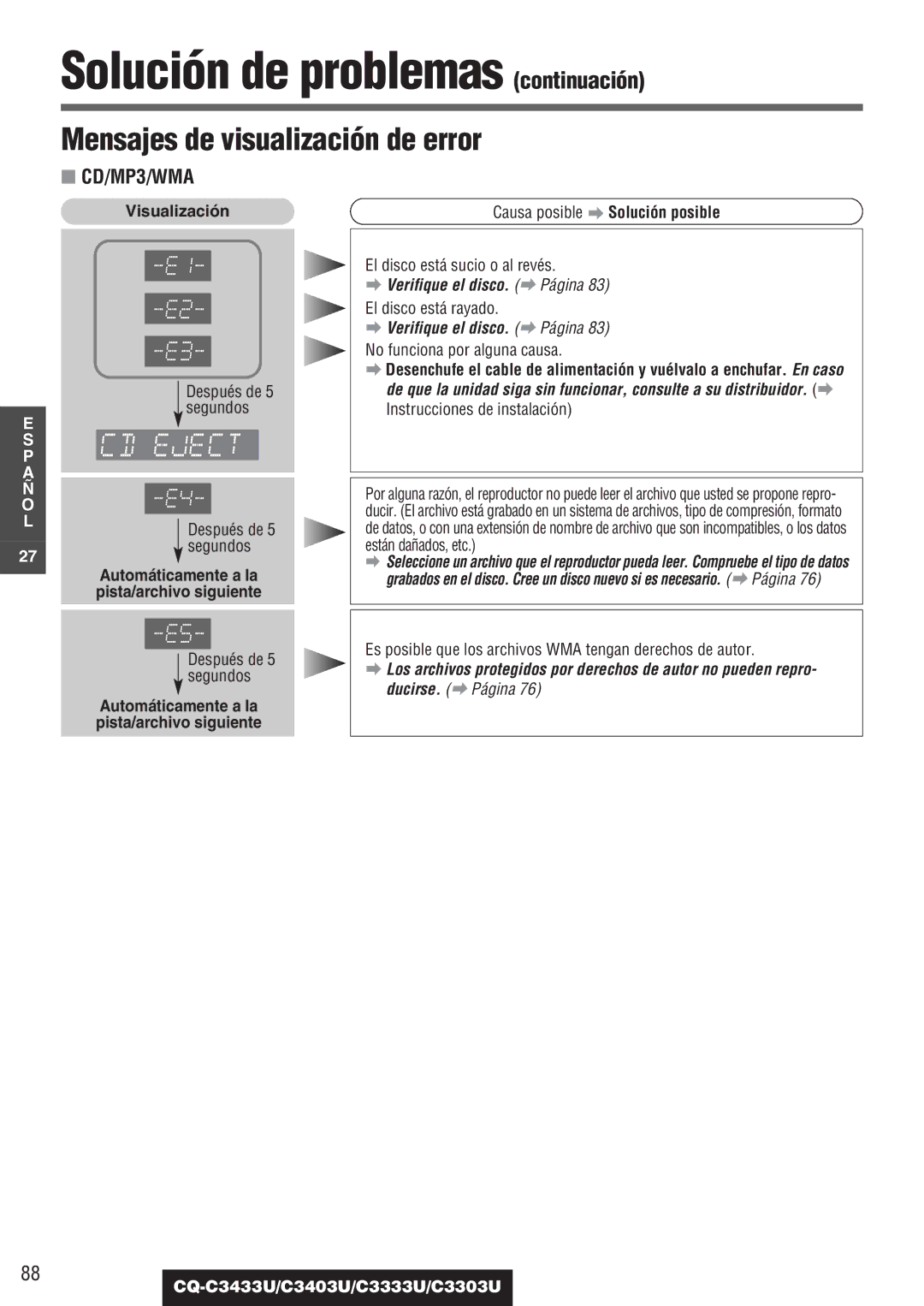 Panasonic CQ-C3433U, C3403U, C3333U, C3303U Mensajes de visualización de error, Automáticamente a la pista/archivo siguiente 