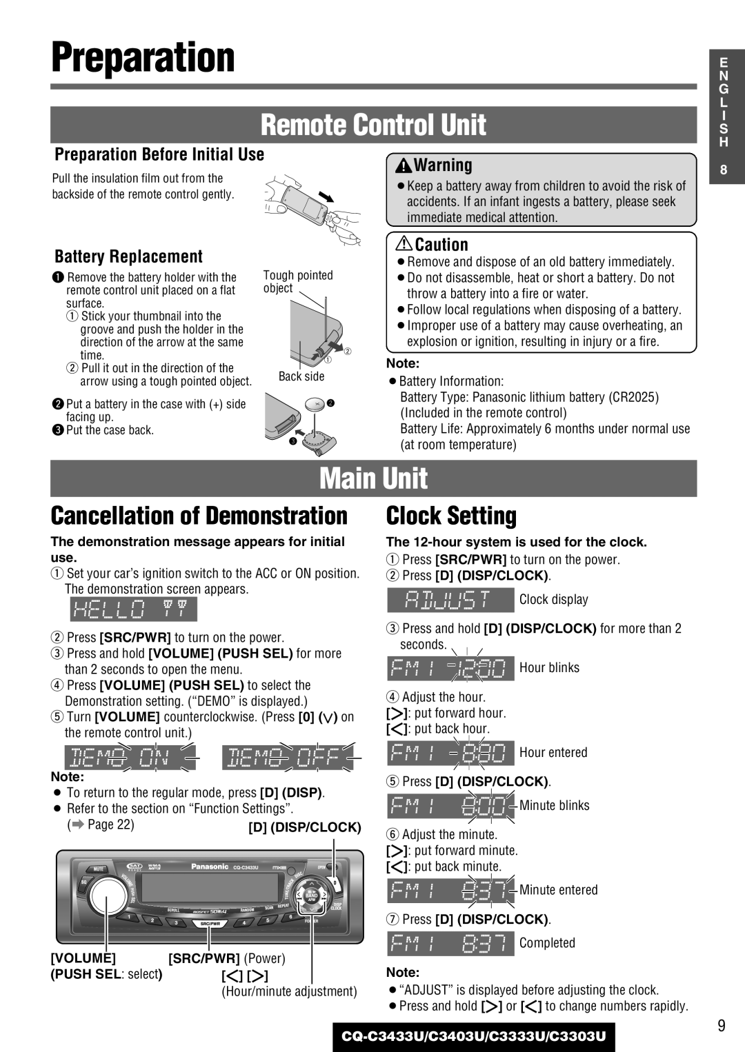 Panasonic C3403U, CQ-C3433U, C3333U, C3303U warranty Preparation, Clock Setting, Cancellation of Demonstration 