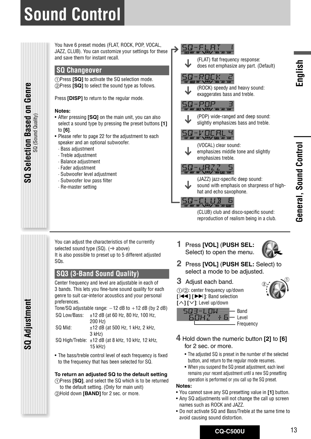 Panasonic CQ-C500U warranty SQ Adjustment, General, Sound Control, SQ Changeover, SQ3 3-Band Sound Quality 